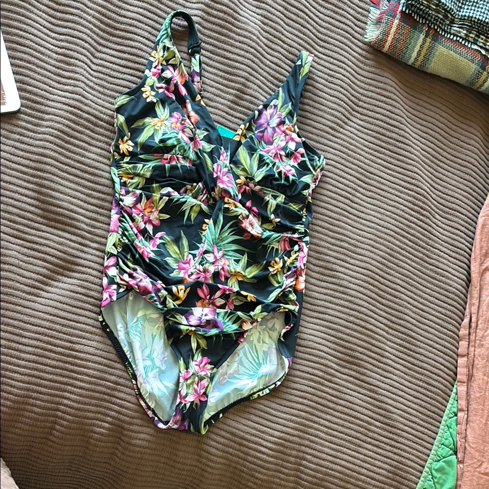 Tropical floral one piece swimsuit adjustable straps size 14